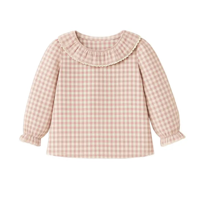 Sweet Pea Gingham Check Organic Cotton Ruffle Collar Shirt