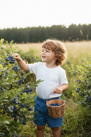 Baby Boy Wearing White Shirt and Blue Shorts Picking Blueberries