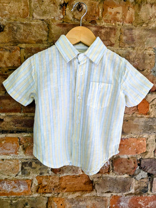 Organic Cotton Linen Blend Boys Button-Up Shirt – Stripe Short Sleeve | Scout