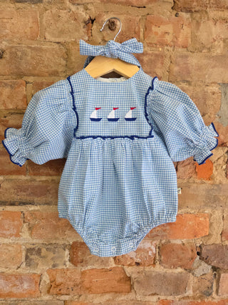 Organic Cotton Baby Romper & Headband Set – Gingham Sailboat | Little Sailaway