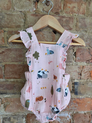 Organic Cotton Baby Romper – Farm Print Crisscross Ruffle | Down On The Farm