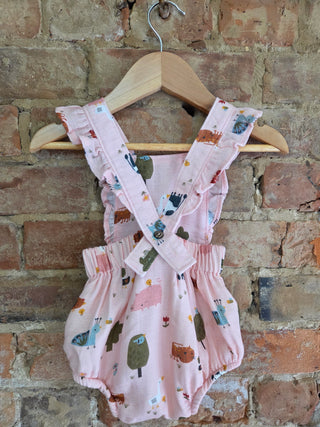Organic Cotton Baby Romper – Farm Print Crisscross Ruffle | Down On The Farm