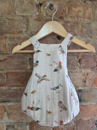 Organic Muslin Baby Sunsuit – Duck Print Snap Romper | Duck Pals