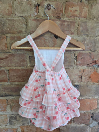 Organic Muslin Baby Ruffle Sunsuit – Gingham Cherry Print | With a Cherry on Top