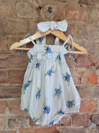 Organic Cotton Linen Blend Baby Romper & Headband Set – Floral Print | Baby Blue Peony