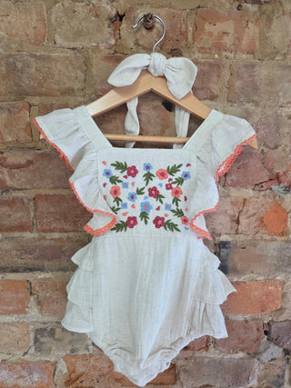 Organic Cotton Linen Blend Baby Romper & Headband Set – Floral Embroidery | Flower Child