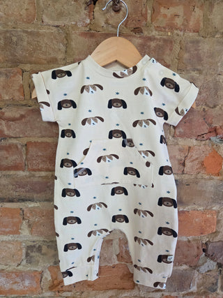 Organic Cotton Baby Jumpsuit – Puppy Print With Kangaroo Pocket | Puppy Dog Ears