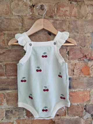Organic Cotton Knit Baby Ruffle Romper – Cherry Stripe Embroidery | Sweet as Cherry Pie