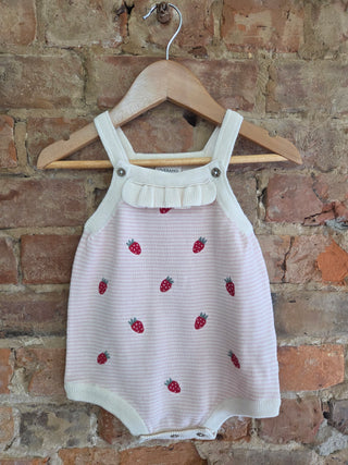 Organic Cotton Knit Baby Ruffle Romper– Strawberry Stripe Embroidery | So Berry Sweet