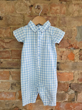 Organic Cotton Baby Oxford Romper – Blue Gingham | Little Boy Blue