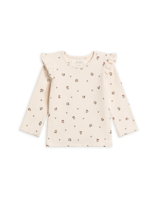 Ruffles and Rosebuds Ribbed Long Sleeve Organic Cotton Ruffle Top