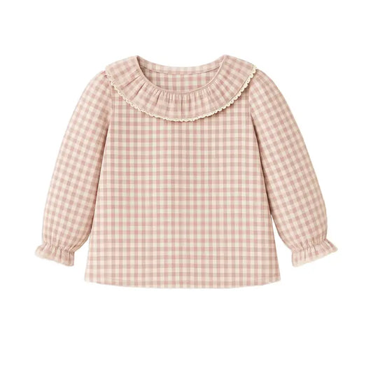 Sweet Pea Gingham Check Organic Cotton Ruffle Collar Shirt