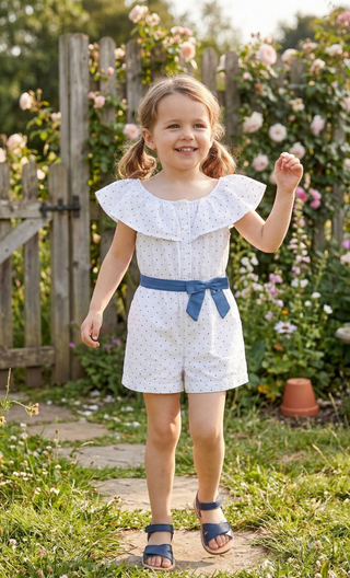 Organic Cotton Baby Girl Romper – Seersucker Ruffle Collar | Harbor Cutie