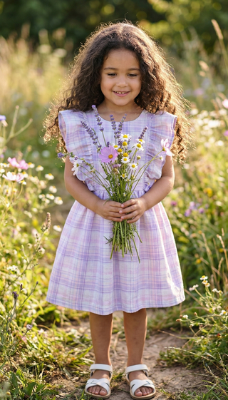 Organic Cotton Linen Baby Girl Dress – Plaid Flutter Sleeve | Running With The Lilacs
