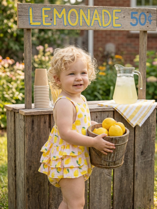Organic Muslin Baby Ruffle Sunsuit – Lemon Print | Lemonade Dreams