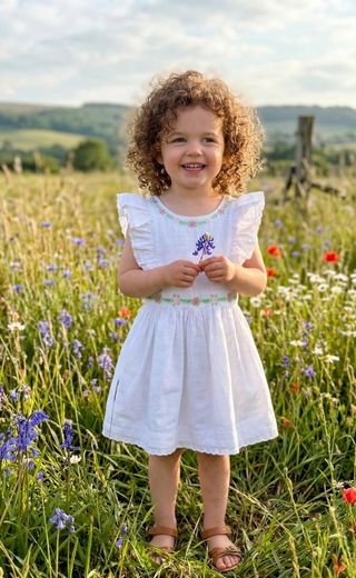 Organic Cotton Linen Blend Baby Jumper Dress – Flutter Sleeve | Spring Whimsy