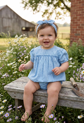 Organic Cotton Denim Baby Romper – Puff Sleeve Snap Outfit | Little Bluebird