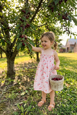 Organic Muslin Baby Girl Dress – Smocked Gingham Cherry Sundress | Cute As Cherry Pie