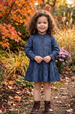 Girls Organic Cotton Chambray Tiered Ruffle Dress