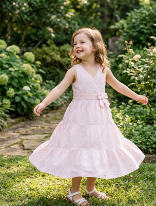 Organic Cotton Linen Baby Girl Dress – Tiered Wrap Style | Blush Garden