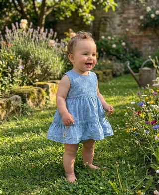 Organic Cotton Denim Baby Dress & Bloomer Set – Tiered Sleeveless | Bluebell Breeze
