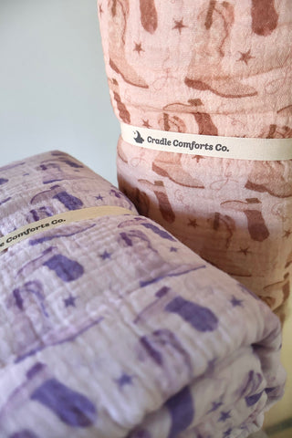 Organic Muslin Swaddle Blanket- Purple Cowgirl Boot Print