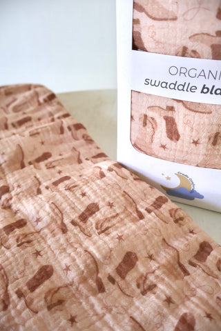 Organic Muslin Swaddle- Brown Cowboy Boot Print
