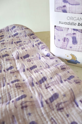 Organic Muslin Swaddle Blanket- Purple Cowgirl Boot Print