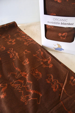 Organic Muslin Swaddle- Brown Horse Print