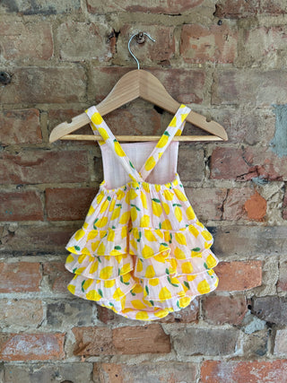Organic Muslin Baby Ruffle Sunsuit – Lemon Print | Lemonade Dreams