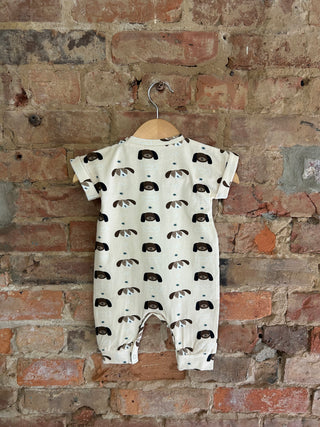 Organic Cotton Baby Jumpsuit – Puppy Print With Kangaroo Pocket | Puppy Dog Ears