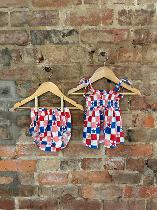 Organic Cotton Baby Smocked Top & Bloomer Set – Patriotic Checker & Stars | American Girl