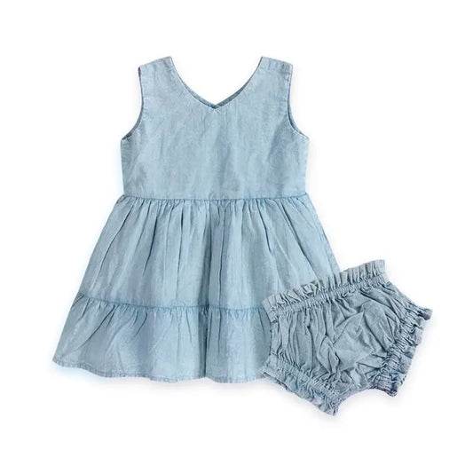 The Bluebell Breeze Organic Cotton Denim Tiered Dress & Bloomer Set