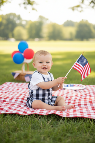 Organic Cotton Navy Gingham Romper & Shirt Set – Classic Americana Style | Little Firecracker Days