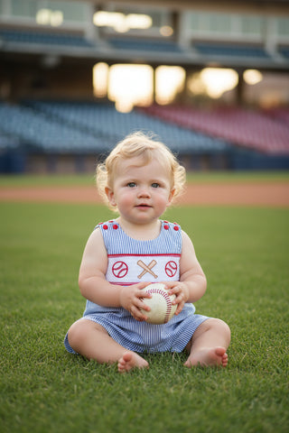 Blue Seersucker Baseball Smocked Shortie Romper – Adjustable Grow-With-Me Fit | Little Rookie Player