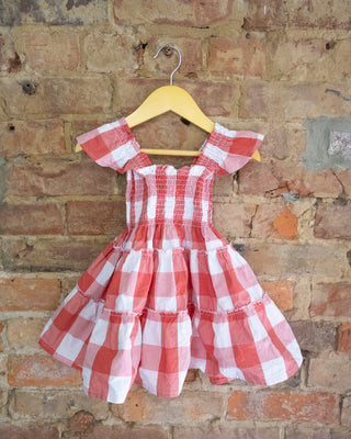 Organic Cotton Red Gingham Flutter Sleeve Dress – Smocked Bodice | Picnic Princess