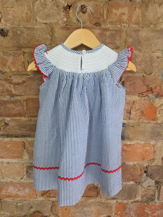 Blue Seersucker Baseball Smocked Bishop Dress – Embroidered Baseball Detail | Little Slugger Classic