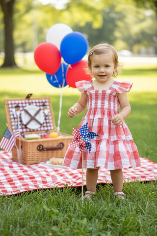 Organic Cotton Red Gingham Flutter Sleeve Dress – Smocked Bodice | Picnic Princess