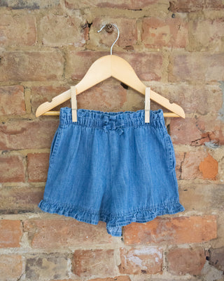 Organic Cotton Girls Chambray Ruffle Waist Shorts – Bow Detail | Sweet Sunny Days