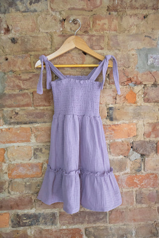 Organic Muslin Smocked Twirl Dress – Shoulder Tie Summer Dress | Lavender Twirls