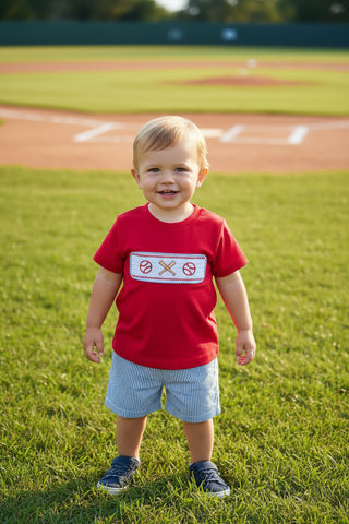 Red & Blue Baseball Smocked Shirt and Shorts Set – All-American Game Day Outfit | Little Slugger Set